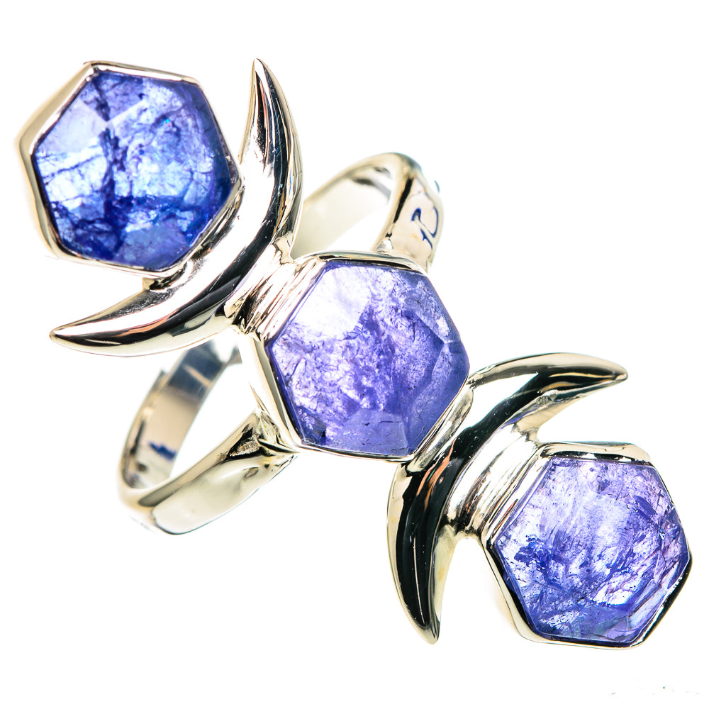 Octagon blue tanzanite-like stones on sterling silver three-band ring