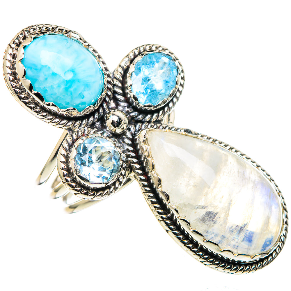 Rainbow Moonstone, London Blue Topaz Rings handcrafted by Ana Silver Co - RING96387