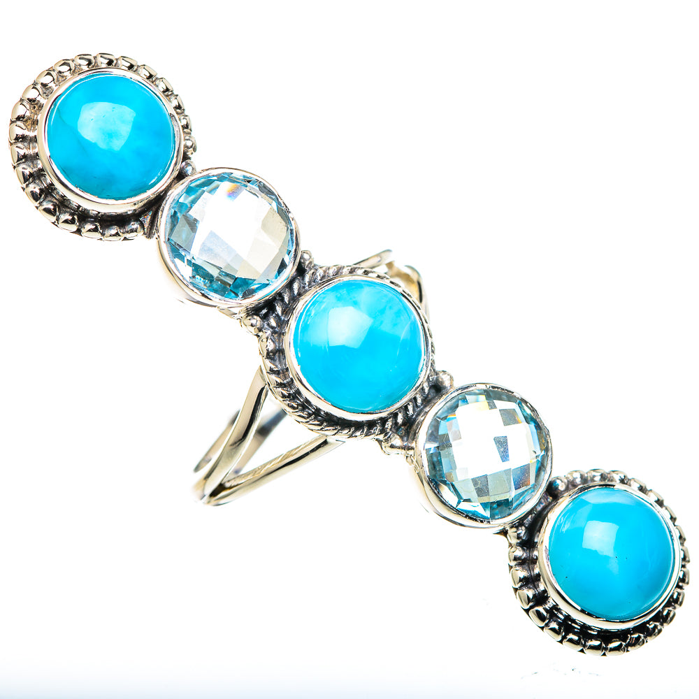 Sterling silver ring with five blue gemstones in oval bezels