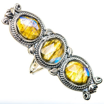 Sterling silver labradorite ring with three oval yellow-gold gemstones