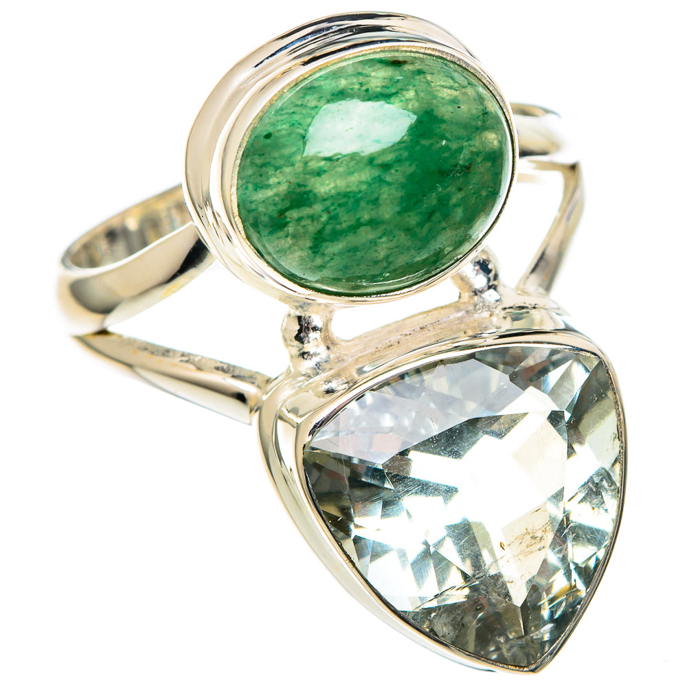 Sterling silver ring with oval green gemstone and faceted clear teardrop stone