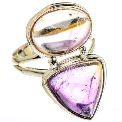 Sterling silver ametrine ring with purple oval and teardrop gemstones, open prong