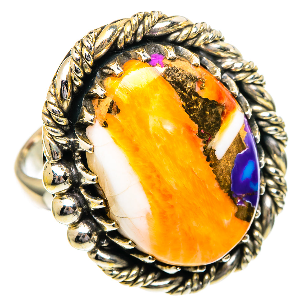 Sterling silver oval ring with orange gemstone, white matrix, purple and ornate twisted setting