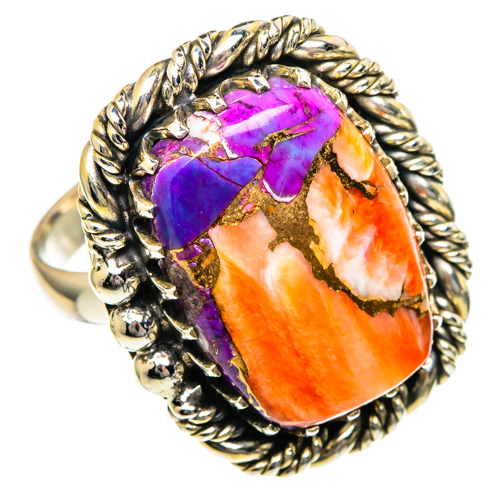 Large spiny oyster turquoise ring, oval orange and purple cabochon with rope silver bezel