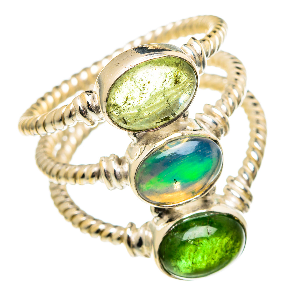 Stacked oval green gemstone ring with iridescent center, twisted rope 925 silver band.