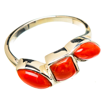 Sterling silver ring with three red coral cabochons, size 6.75