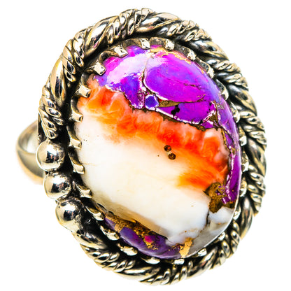 925 sterling silver ring with oval purple-orange spiny oyster cabochon and rope bezel