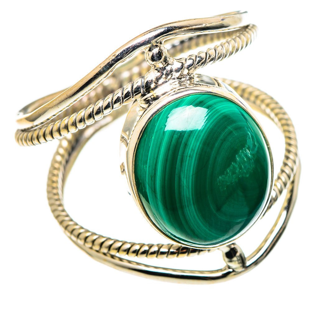 Sterling silver malachite oval ring, prong-set green stone with rope detailing, size 11