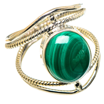 Sterling silver malachite oval ring, prong-set green stone with rope detailing, size 11