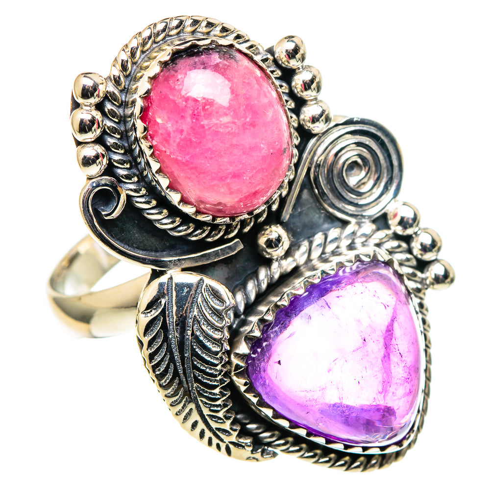 Sterling silver gemstone ring with pink rhodonite and purple amethyst, scroll and leaf details