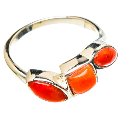 Sterling silver coral ring with three red oval stones, size 6.5