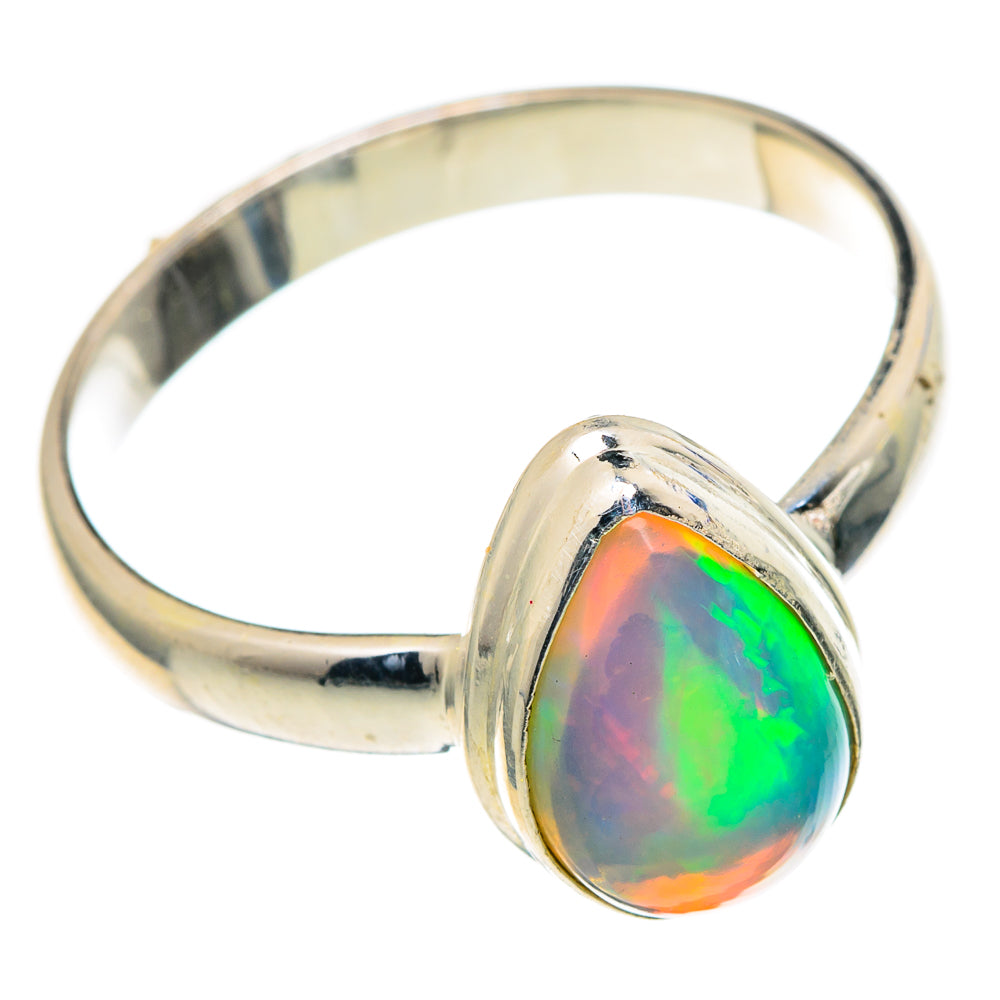 925 sterling silver opal ring with oval teardrop cabochon, vivid green and orange flash