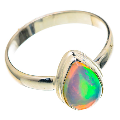 925 sterling silver opal ring with oval teardrop cabochon, vivid green and orange flash