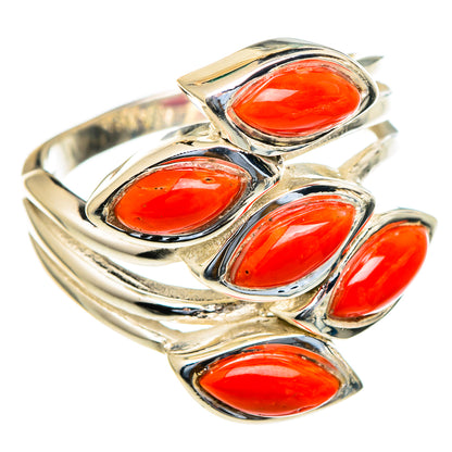 Sterling silver coral ring with five marquise red stones on band, size 9.5