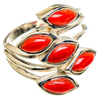 Sterling silver coral ring with red oval gemstones in four open settings