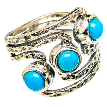 925 sterling silver turquoise cabochon ring with textured bands and three stone tops