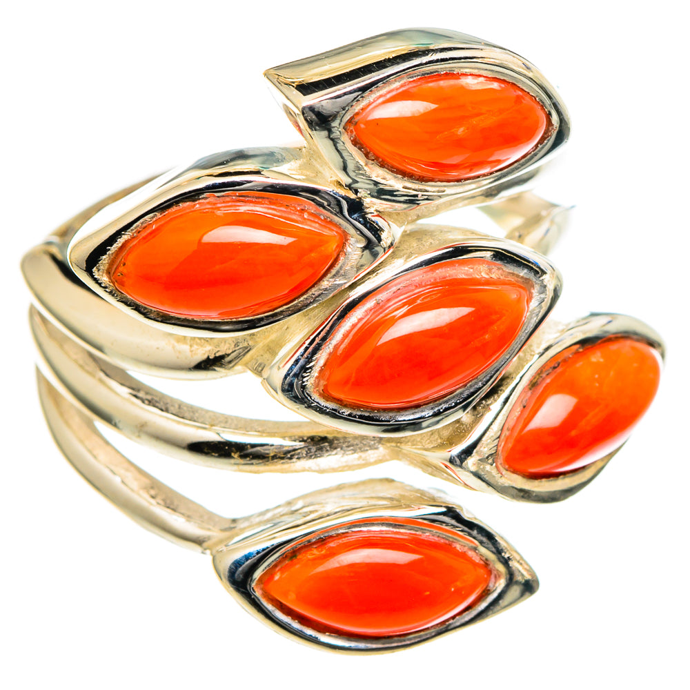 Sterling silver coral ring with five marquise orange stones, scalloped bezels