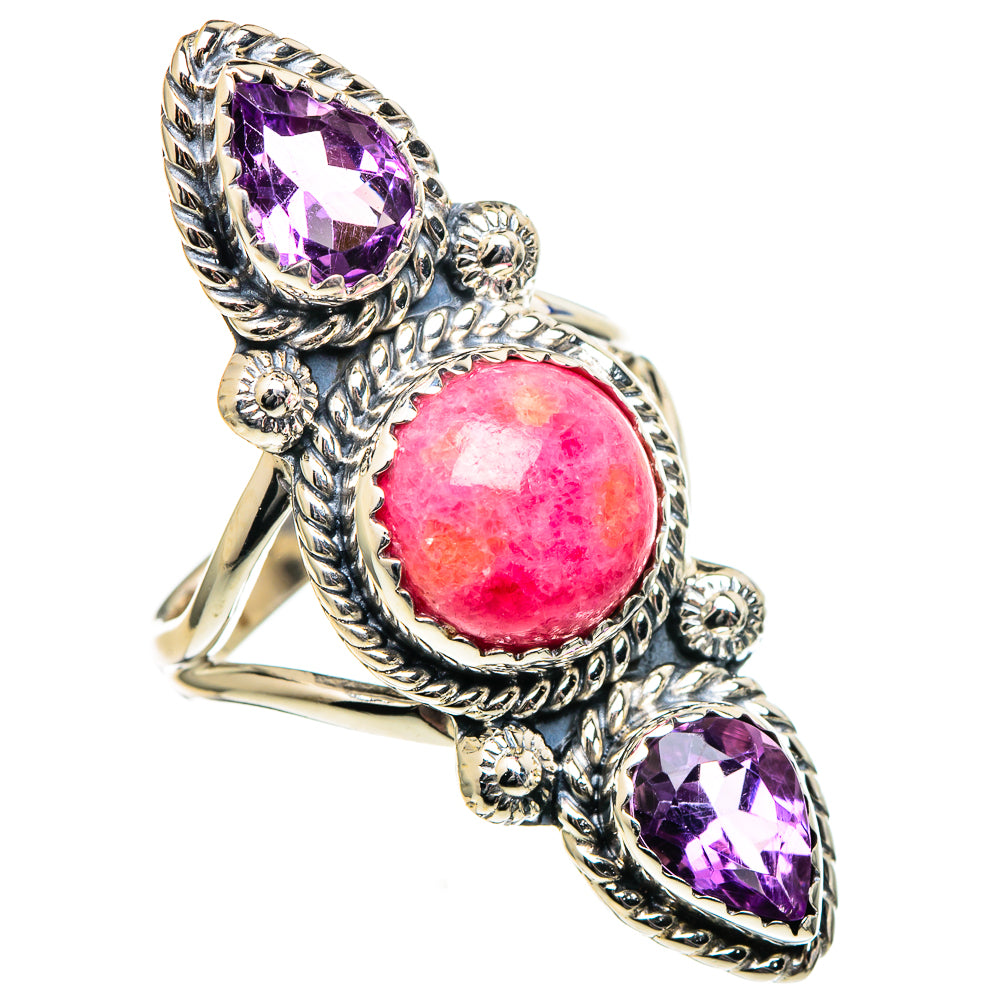 Ornate silver ring with pink rhodochrosite oval, two purple amethyst ovals, and filigree