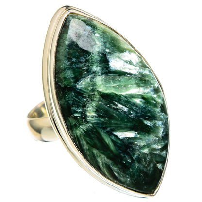Marquise-style oval seraphinite cabochon ring, 925 sterling silver band and dark green stone