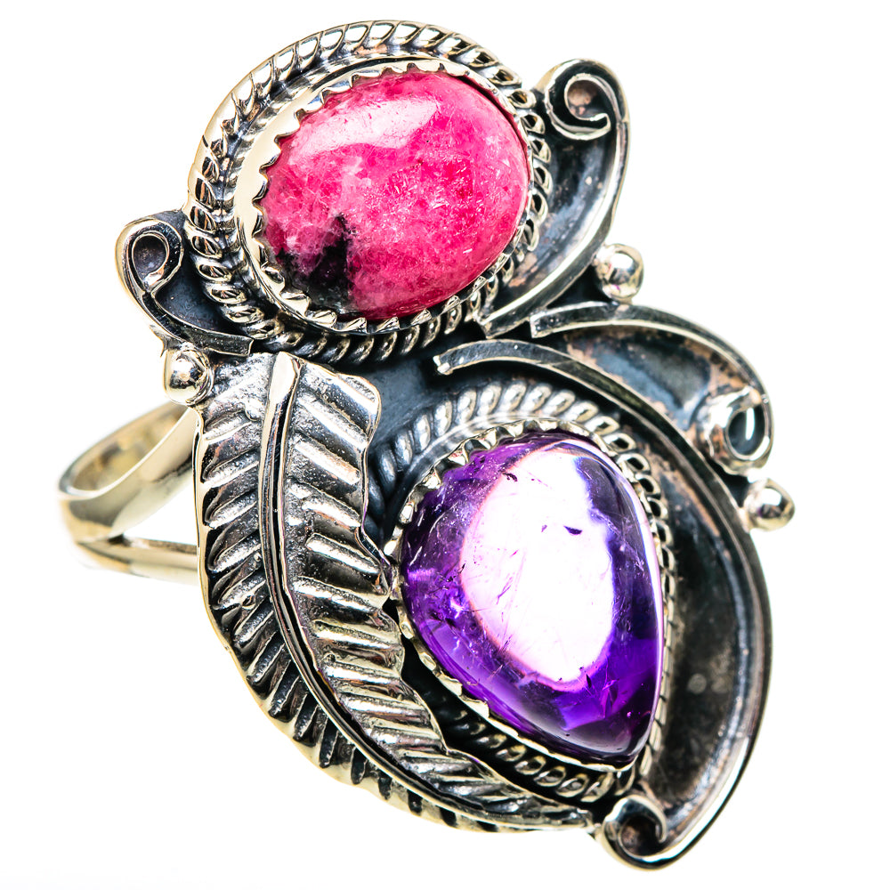 Sterling silver statement ring with oval pink and purple gemstones, ornate metalwork