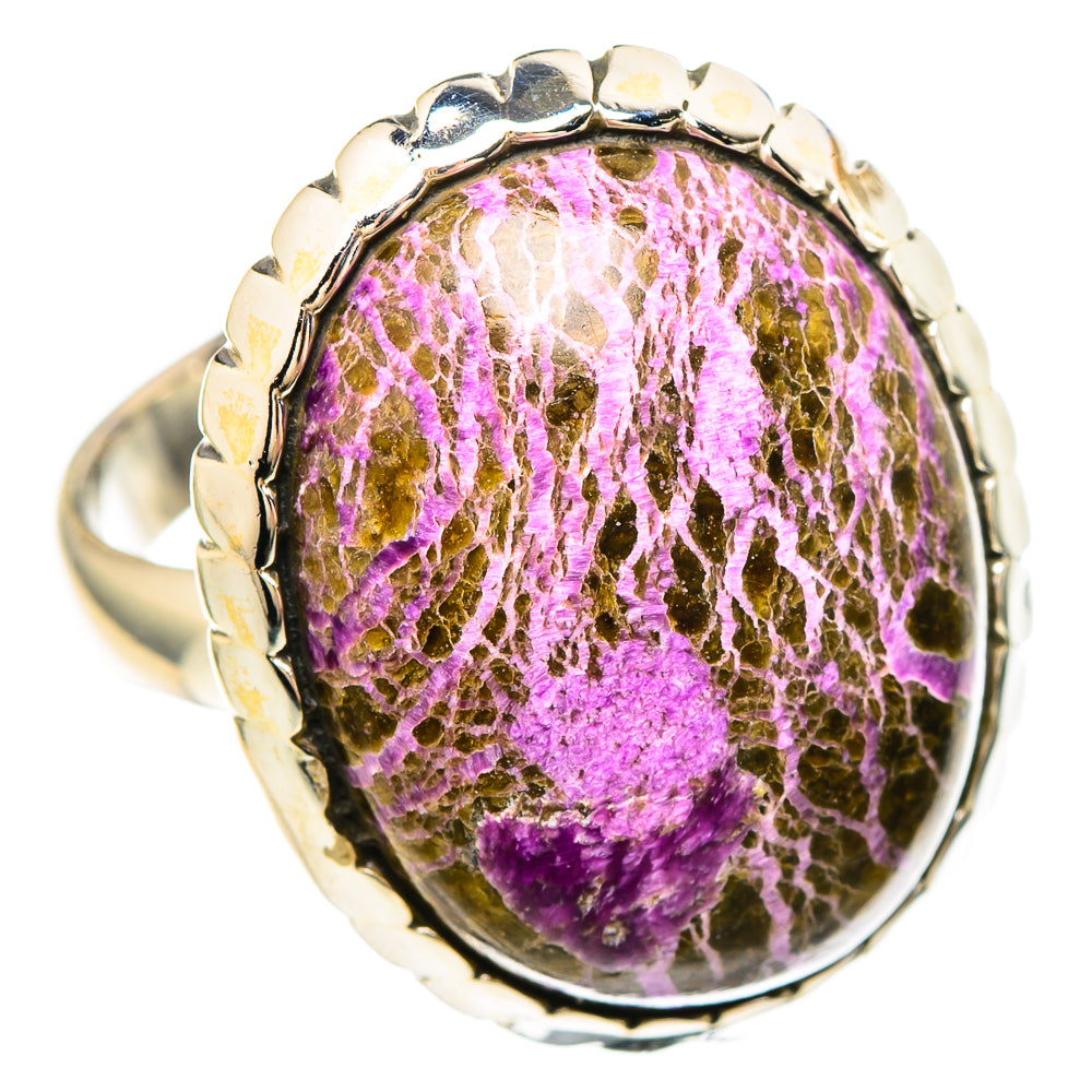 Stichtite ring with oval purple-and-brown stone in 925 sterling silver bezel.
