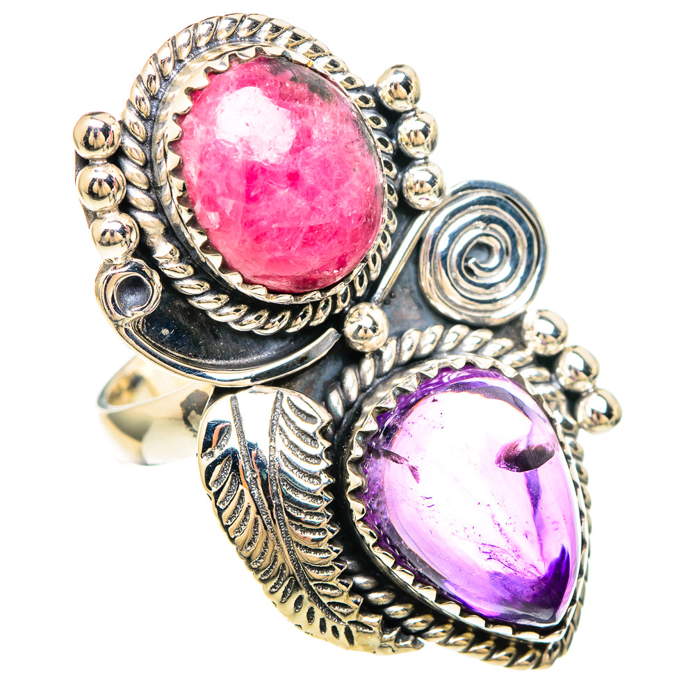 Two-stone sterling silver ring with oval pink and oval purple gemstones, braided borders
