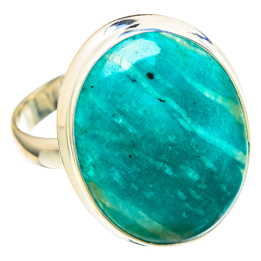Large amazonite sterling silver ring with oval teal stone, side view of band