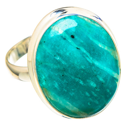 Large amazonite sterling silver ring with oval teal stone, side view of band