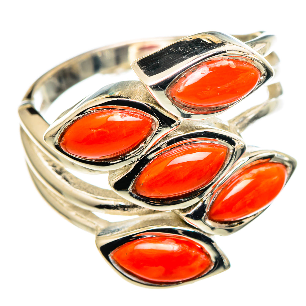 Sterling silver coral ring with oval orange-red stones, size 9.25