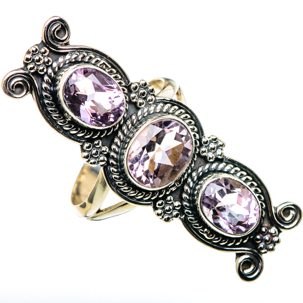 Oval faceted kunzite ring with three purple stones and scrollwork sterling silver, size 10.75