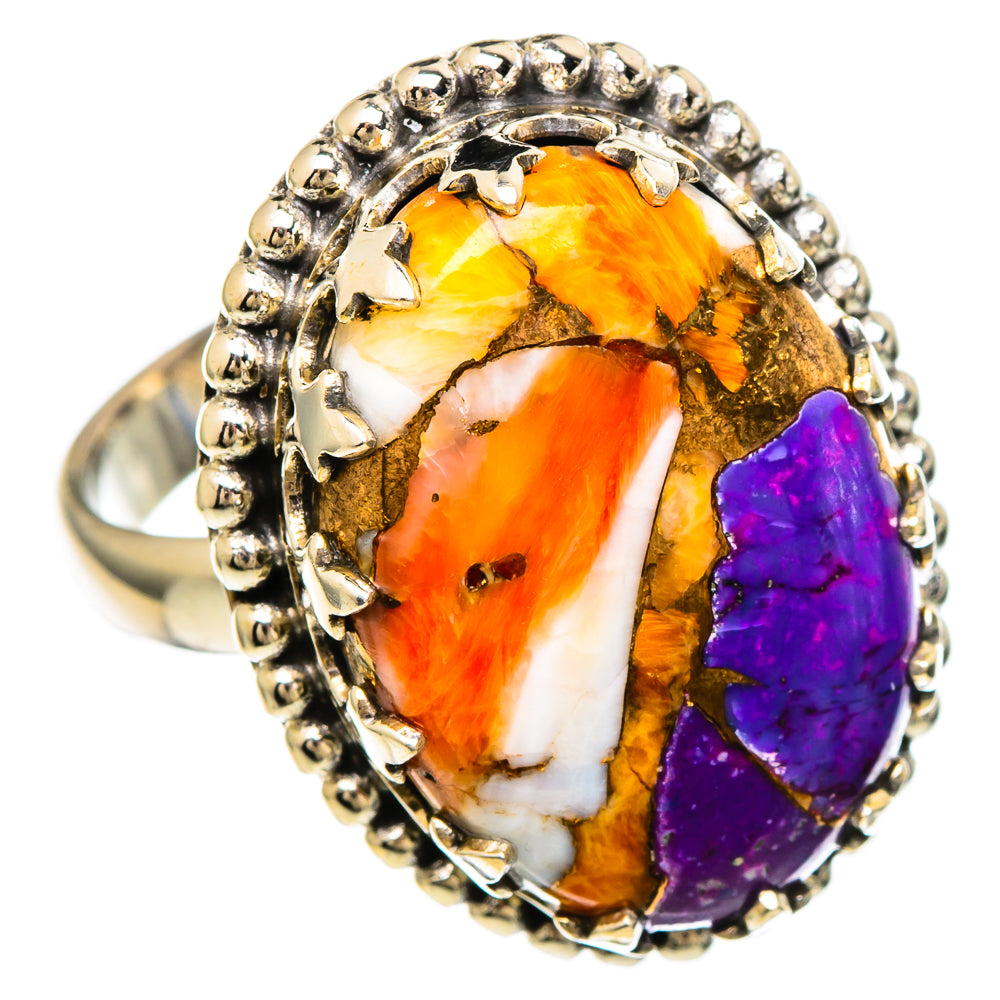 Spiny oyster inlay ring with oval orange and purple stone, silver beaded bezel, size 8.25