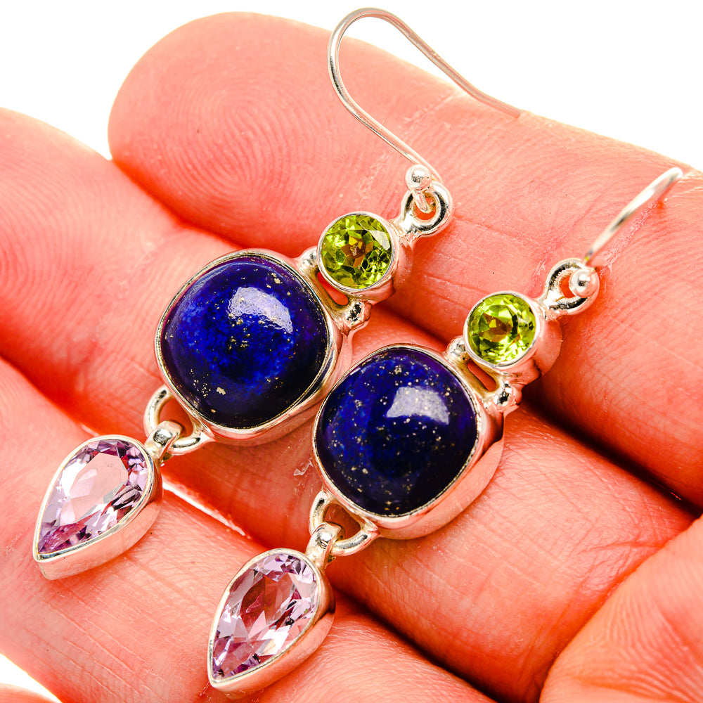 Sterling silver drop earrings with blue lapis lazuli, green peridot, pink kunzite charms