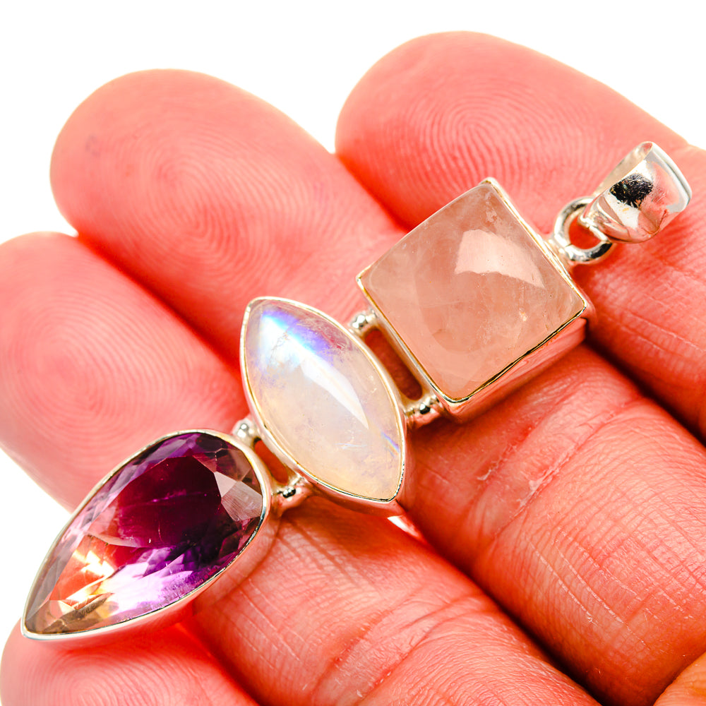 Faceted Ametrine, Rose Quartz, Rainbow Moonstone Pendant 2 1/4" (.925 Sterling Silver)