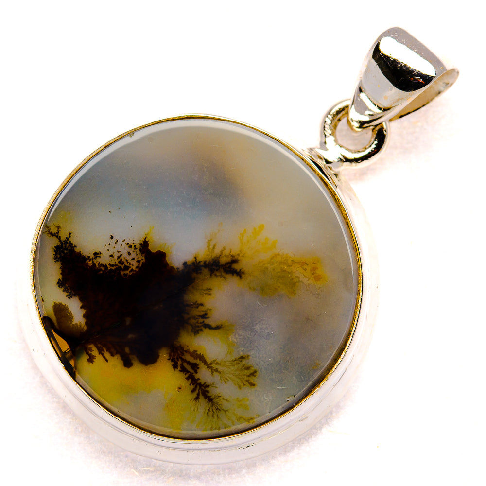 925 sterling silver dendritic agate pendant, round cabochon with yellow and dark dendrites