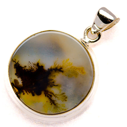 925 sterling silver dendritic agate pendant, round cabochon with yellow and dark dendrites
