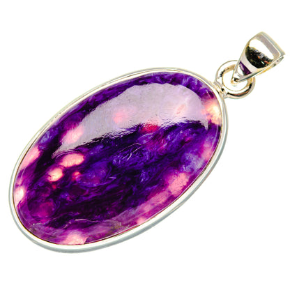 Oval purple charoite gemstone pendant in polished 925 sterling silver bezel, with bail
