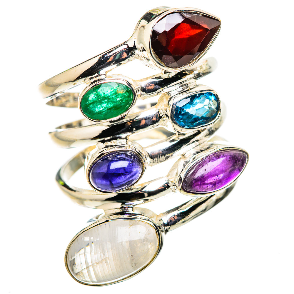 Sterling silver openwork gemstone ring with red, green, blue, purple, and moonstone ovals
