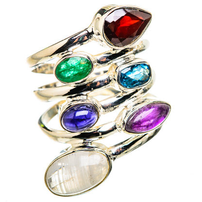 Sterling silver openwork gemstone ring with red, green, blue, purple, and moonstone ovals