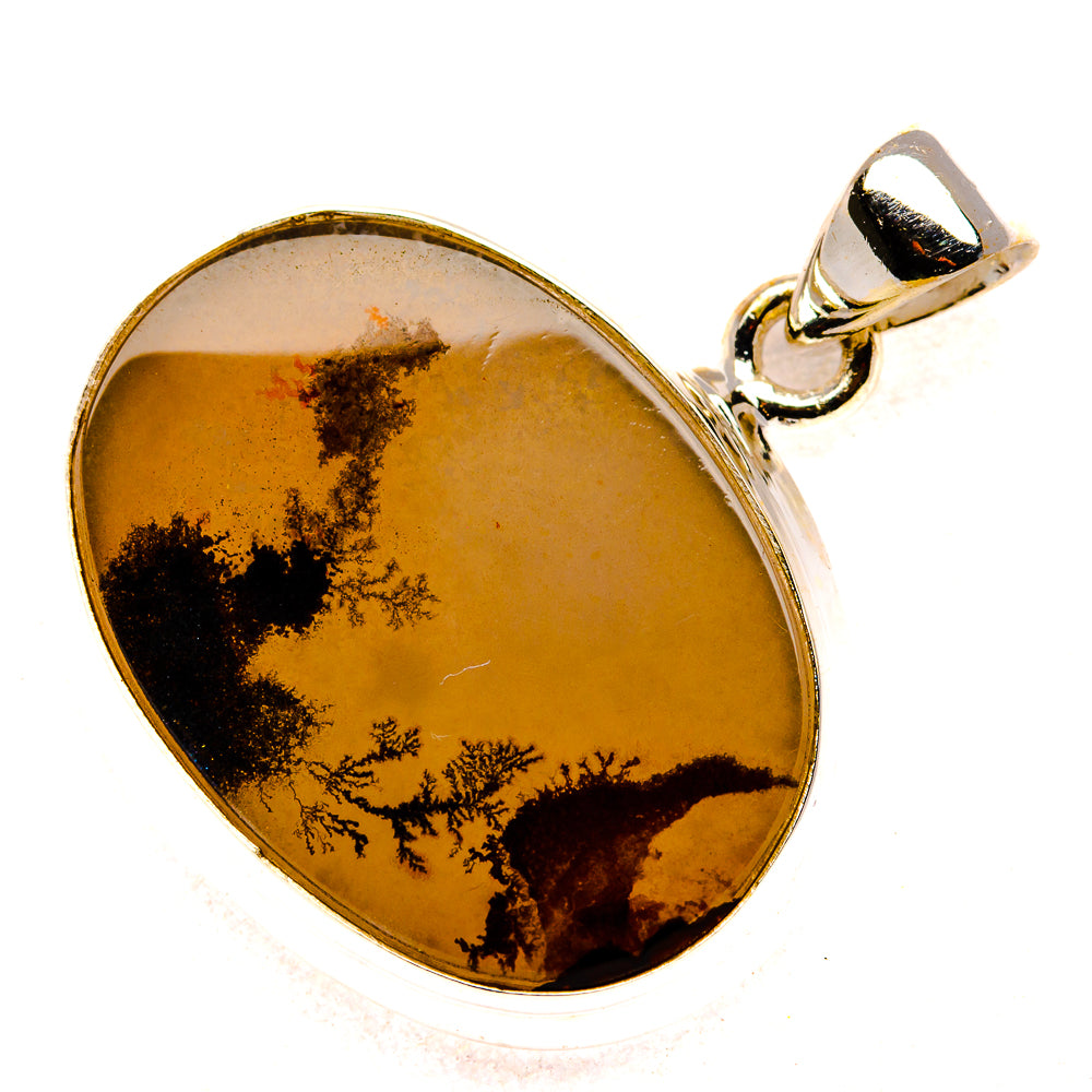 Oval dendritic agate pendant with gold-brown stone, 925 sterling silver bezel and bail