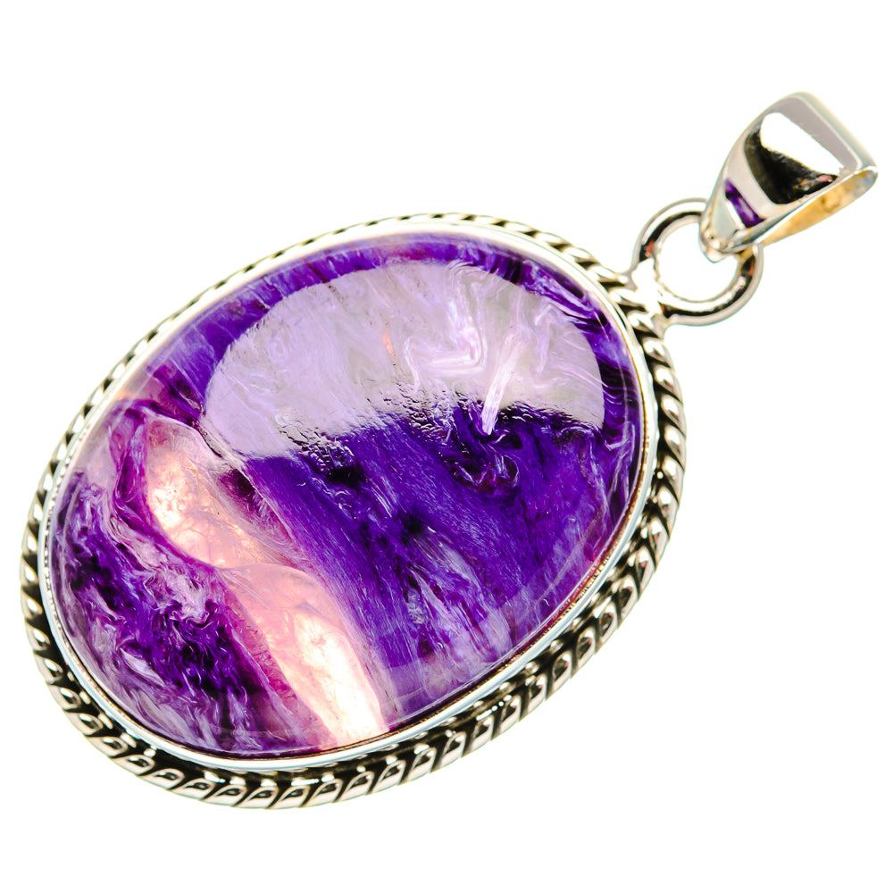 Oval teardrop charoite pendant with purple stone, rope-edge 925 sterling silver bail