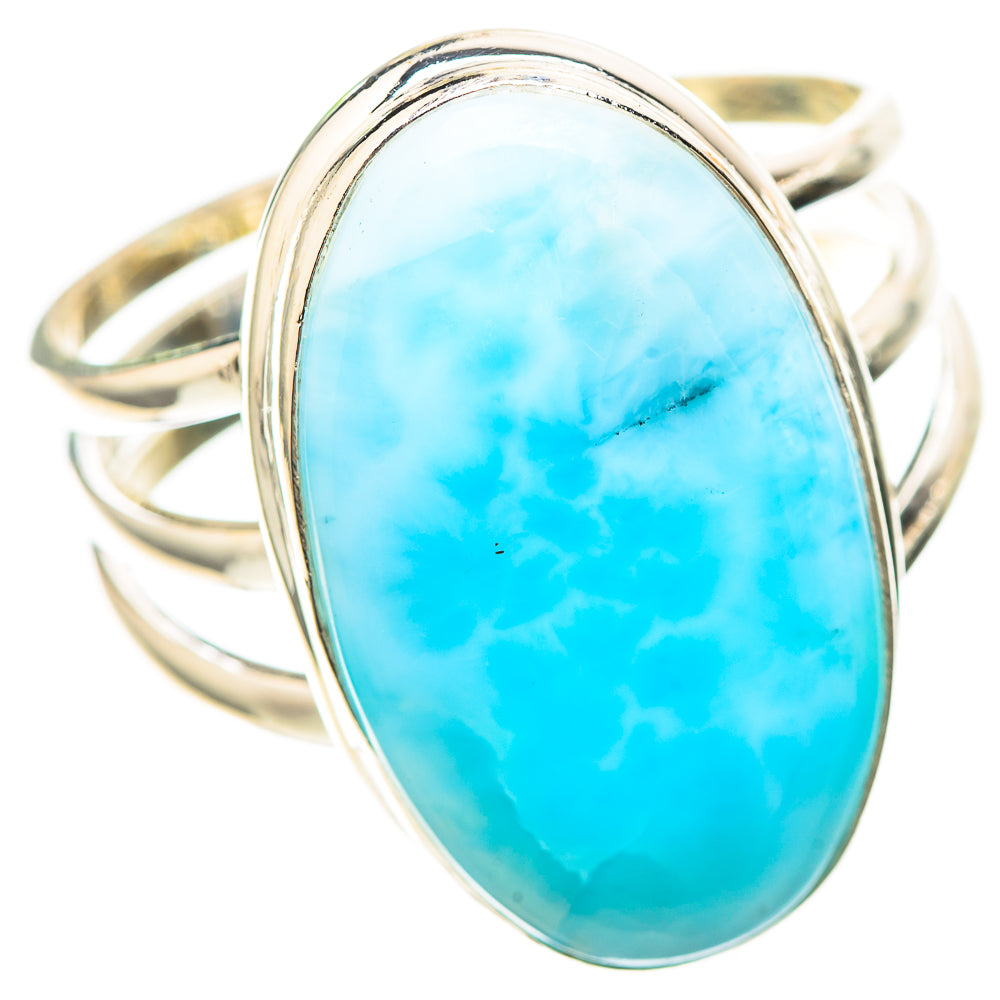 Larimar oval cabochon sterling silver ring, blue stone framed by bezel