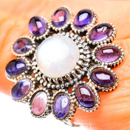 Sterling silver oval moonstone and purple teardrop gemstone ring, halo setting