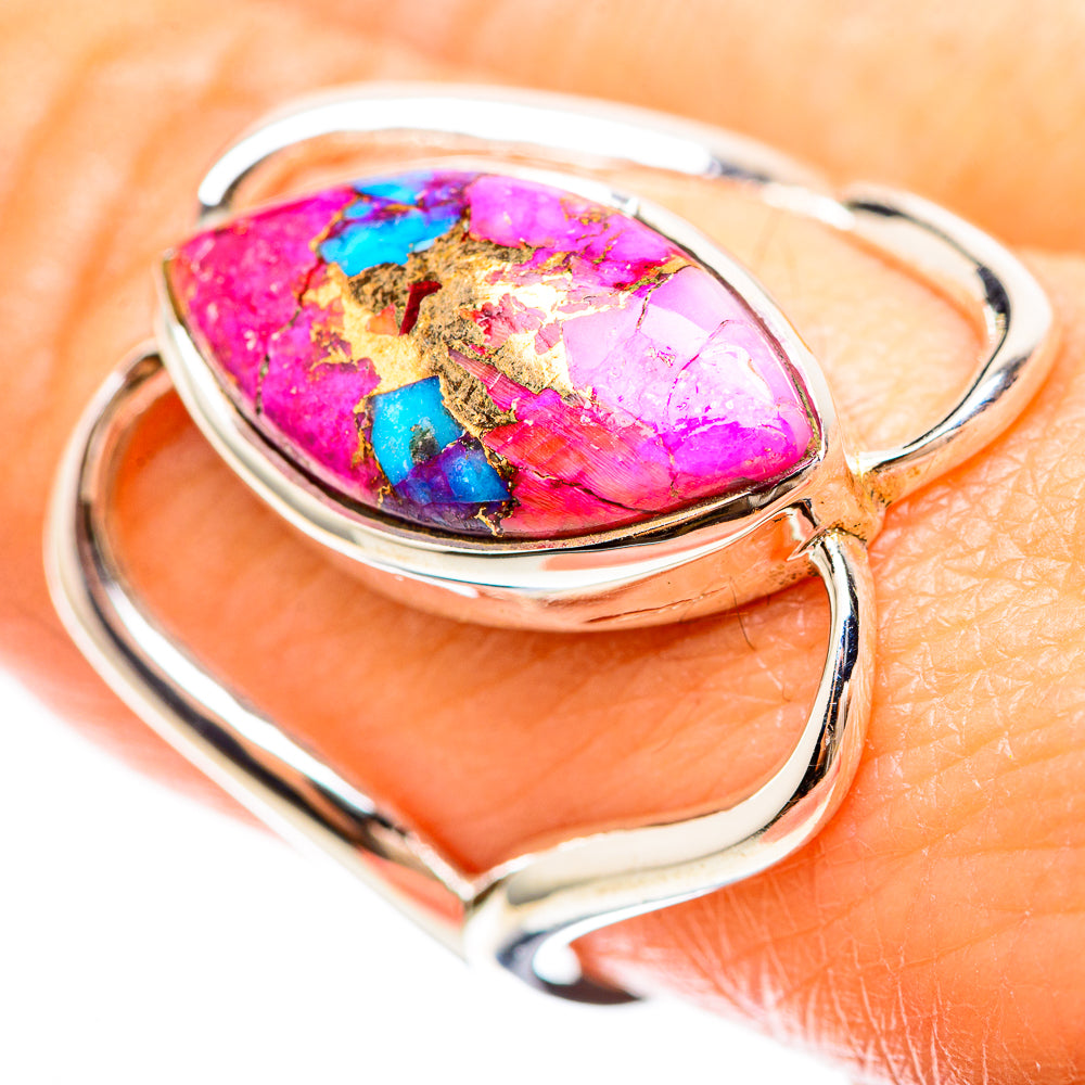 Sterling silver oval gemstone ring with magenta and turquoise mosaic in bezel setting