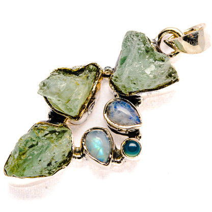 Rough Aquamarine, Rainbow Moonstone Pendant 2" (925 Sterling Silver) PD36765