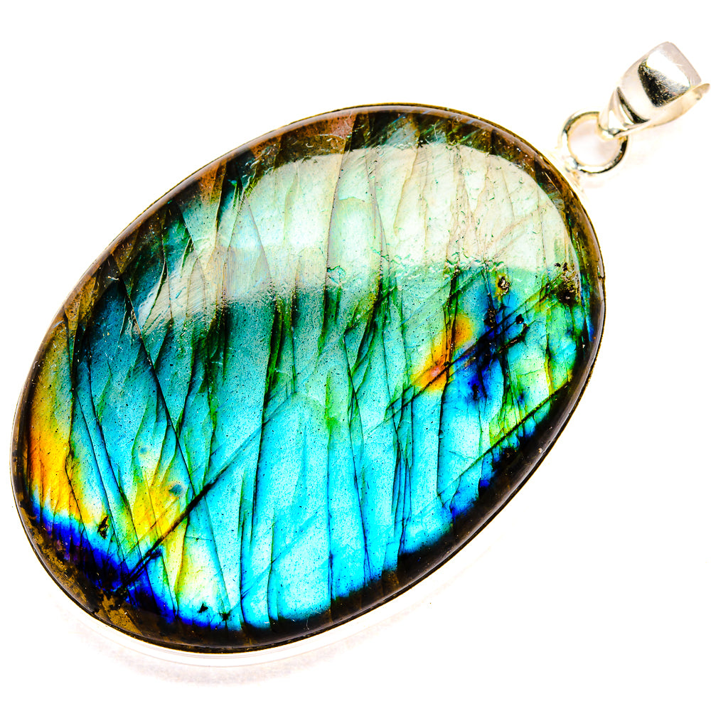 Labradorite teardrop pendant, 925 sterling silver bezel, bright blue and green shimmer