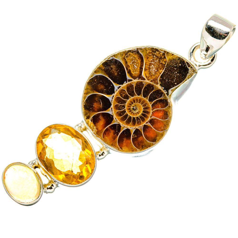 925 sterling silver ammonite fossil pendant with oval citrine and round fossil center
