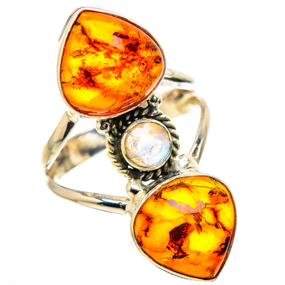 Large Baltic Amber, Rainbow Moonstone Ring Size 9 (925 Sterling Silver) RING134715