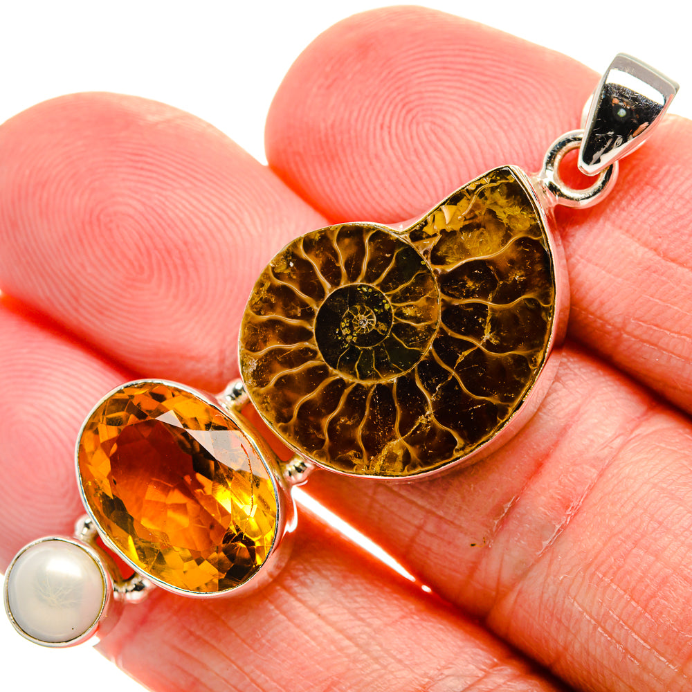 Ammonite Fossil, Citrine, Cultured Pearl Pendant 2 1/4" (925 Sterling Silver) PD36997