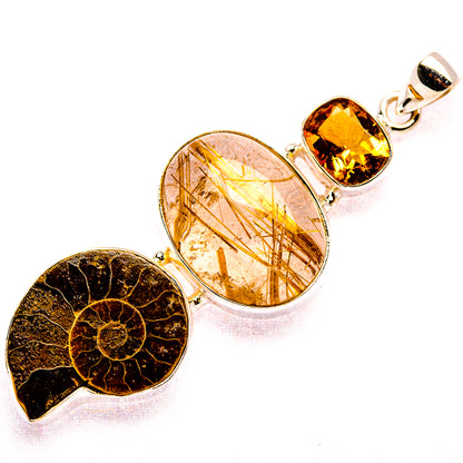 Ammonite Fossil, Rutilated Quartz, Citrine Pendant 2 1/2" (925 Sterling Silver) PD37430