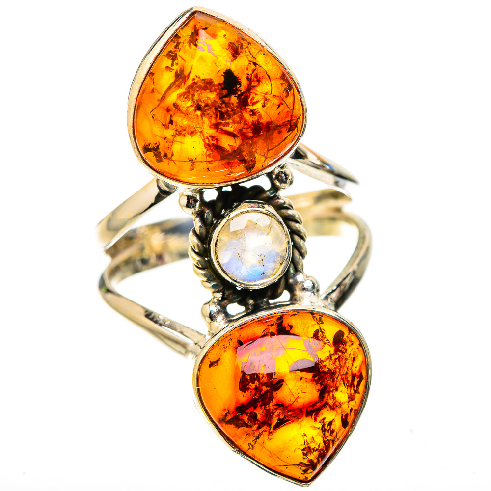 Ana Silver Co Large Baltic Amber, Rainbow Moonstone Ring Size 8 (925 Sterling Silver)